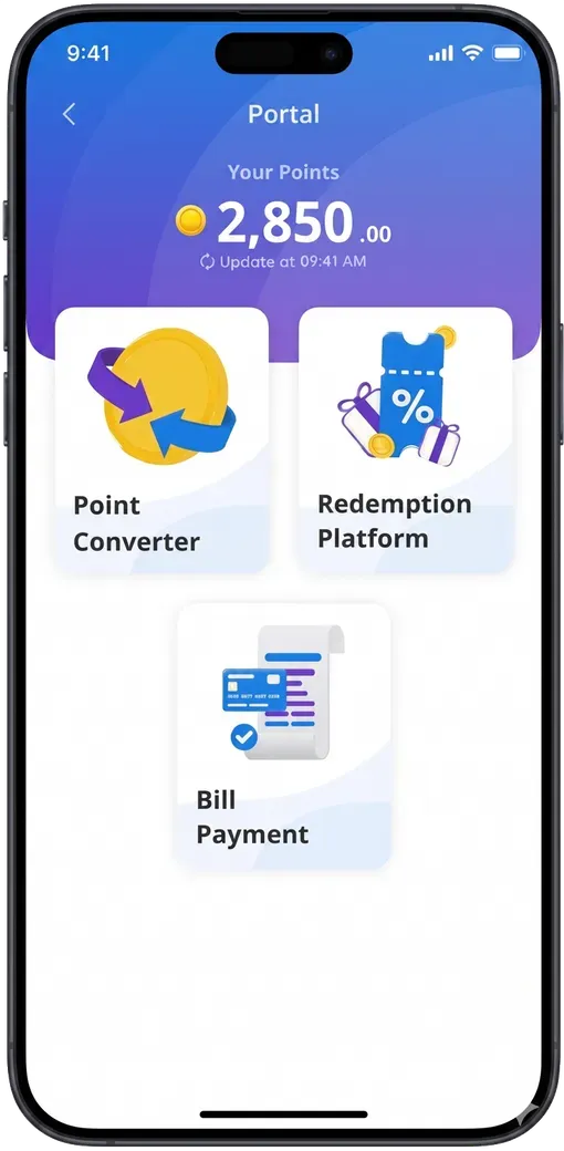 ChomCHOB platform portal showing point conversion, redemption and bill payment